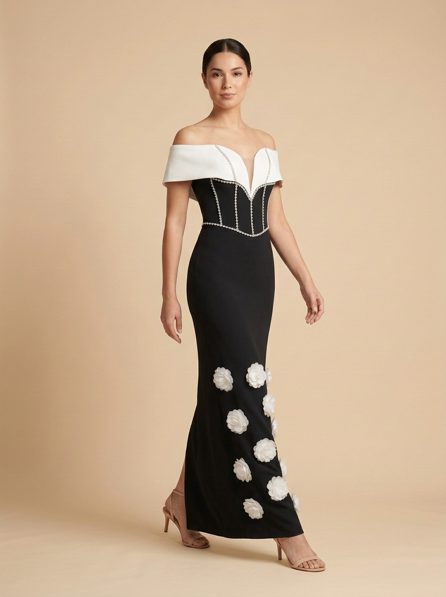 Contraste · Vestido midi negro y blanco con corsé floral