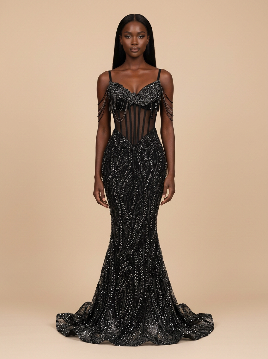Medianoche · Vestido de gala sirena negro con corsé transparente y cadenas de pedrería