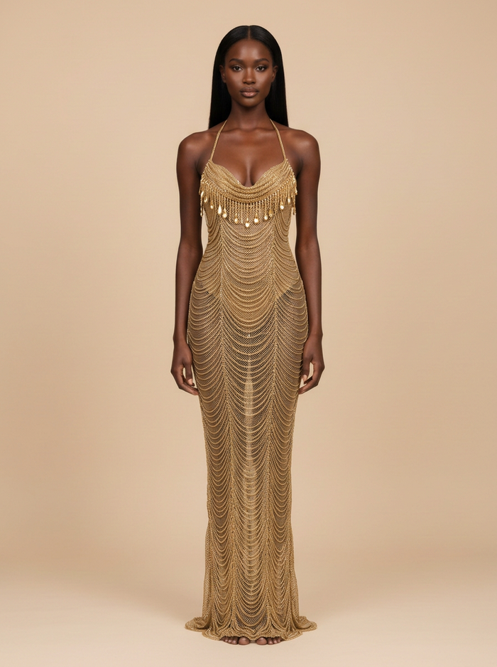 Oriana · Vestido de noche transparente halter con cuentas doradas