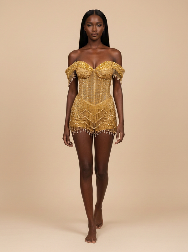 Charlotte · Vestido mini dorado de lentejuelas con corsé y flecos