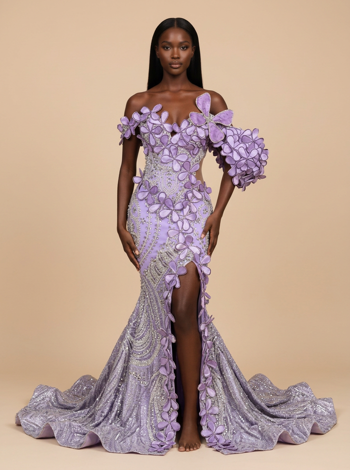 Gardenia · Vestido de gala lila de tul con flores 3D y hombros descubiertos