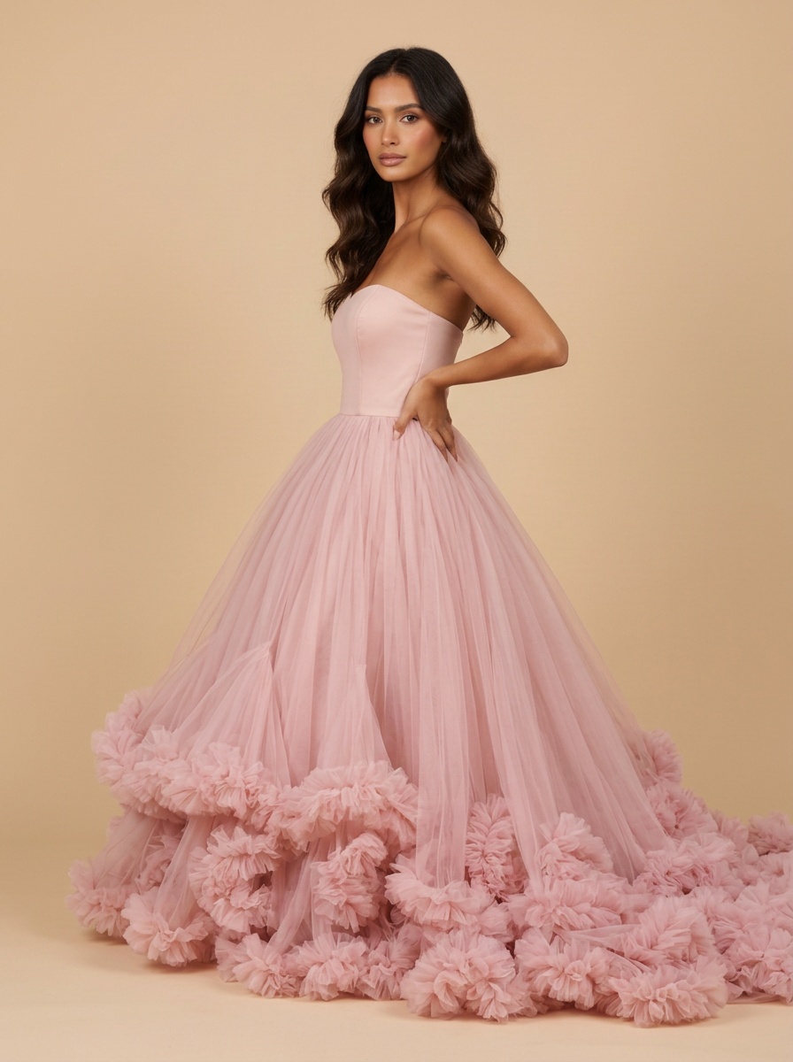 Alessia · Vestido de quinceañera de tul rosa efecto nube con cinturón de cristal