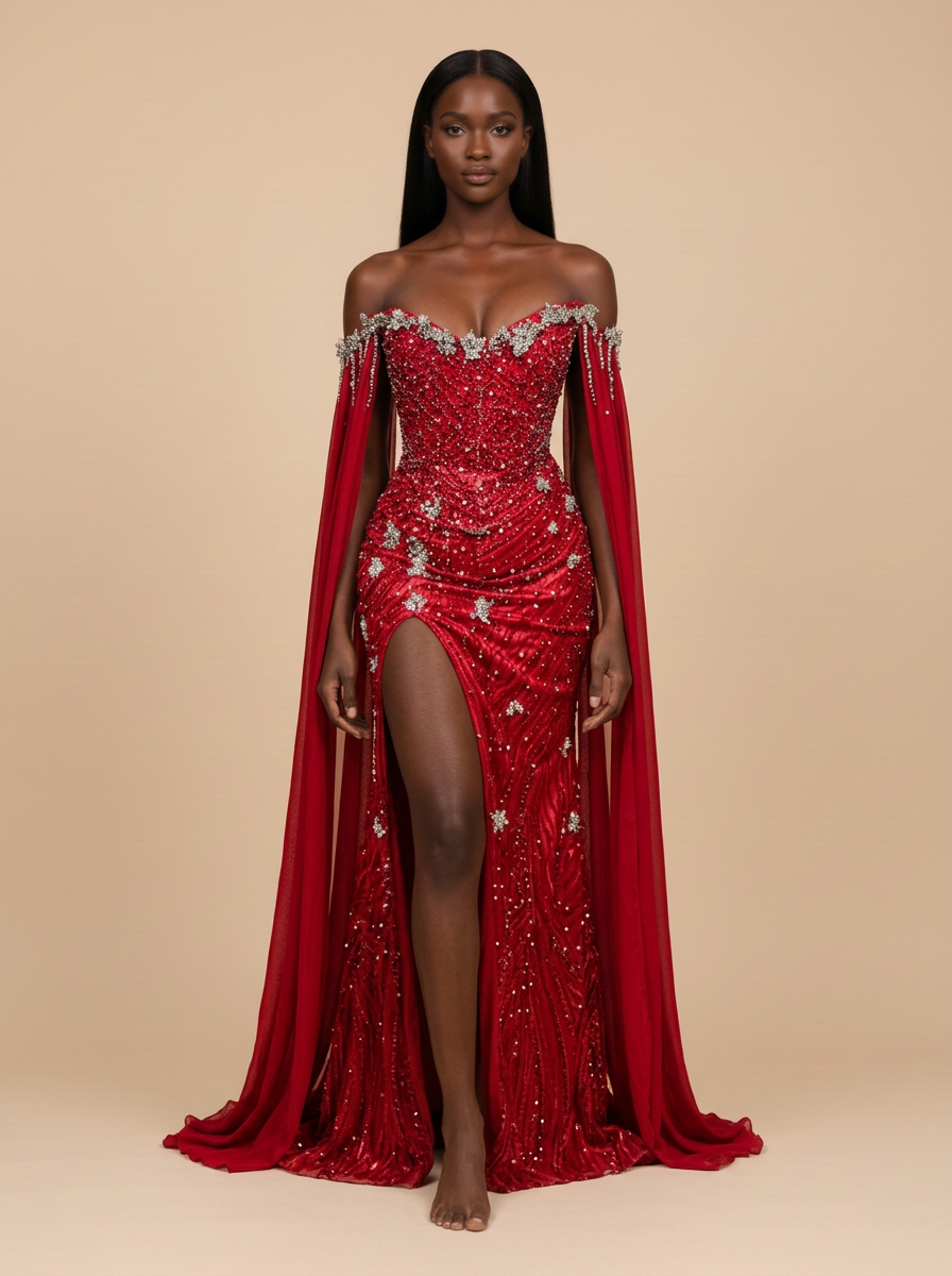 Carmesí · Vestido de noche sirena rojo de hombros descubiertos con pedrería