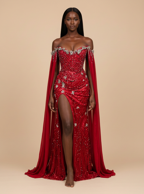 Carmesí · Vestido de noche sirena rojo de hombros descubiertos con pedrería