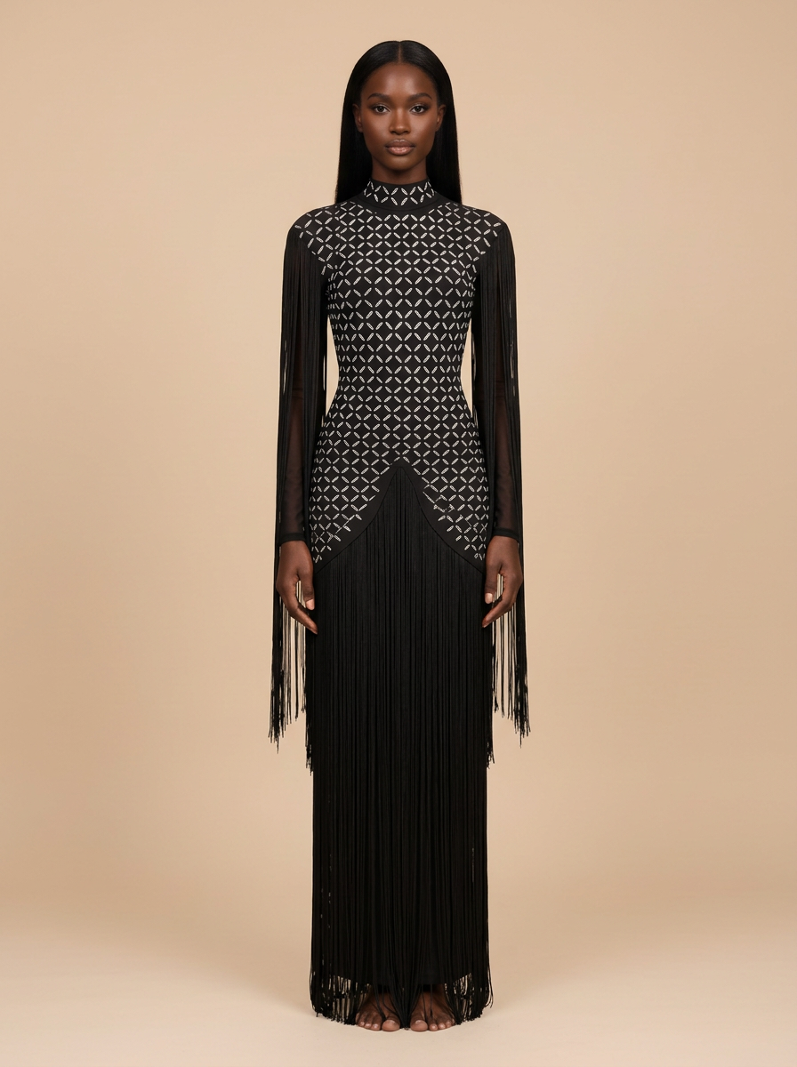 Cleopatra – Vestido midi negro de manga larga con cuello alto y flecos de cristal – Lentejuelas Couture