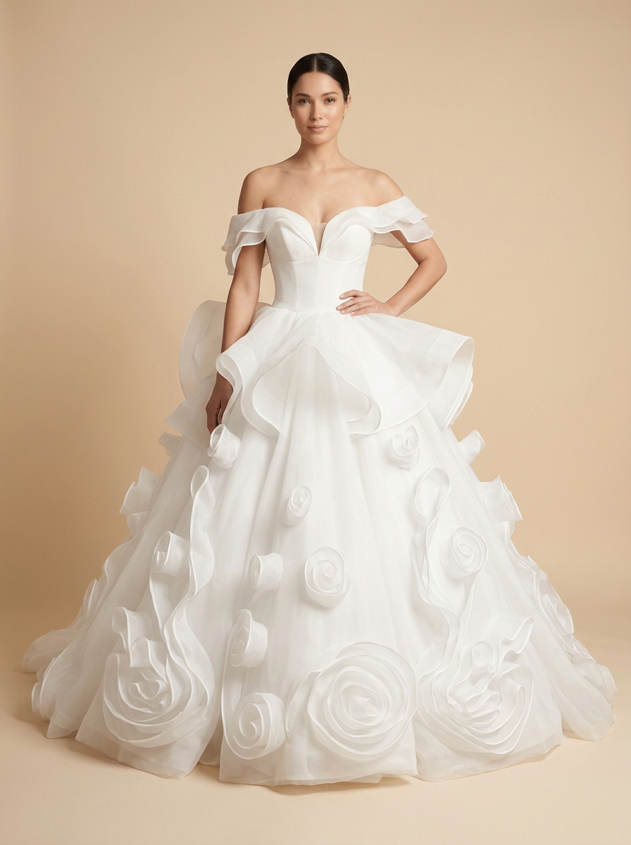 Olivia · Vestido de novia sirena de hombros descubiertos con volantes y rosas