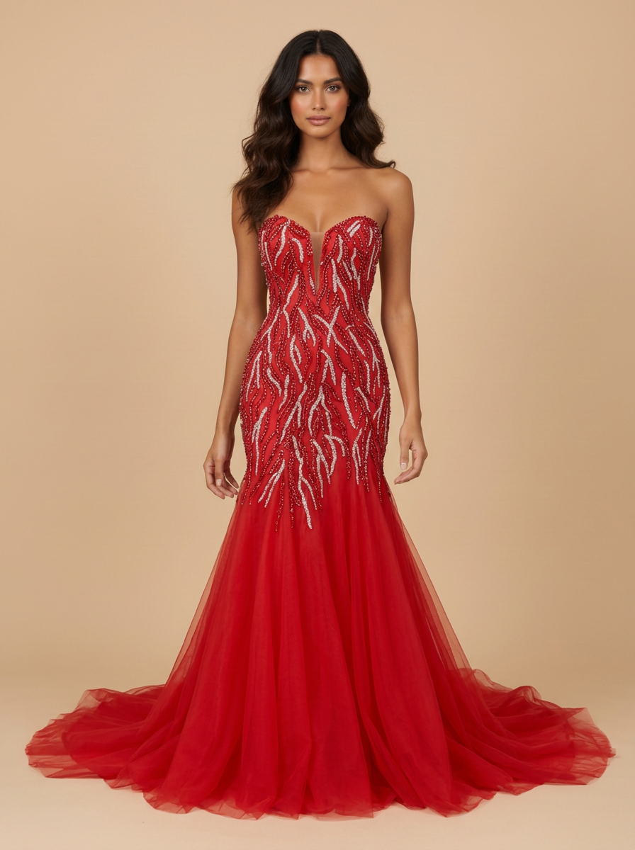 Carmen · Vestido de gala sirena rojo de lentejuelas y pedrería con falda de tul