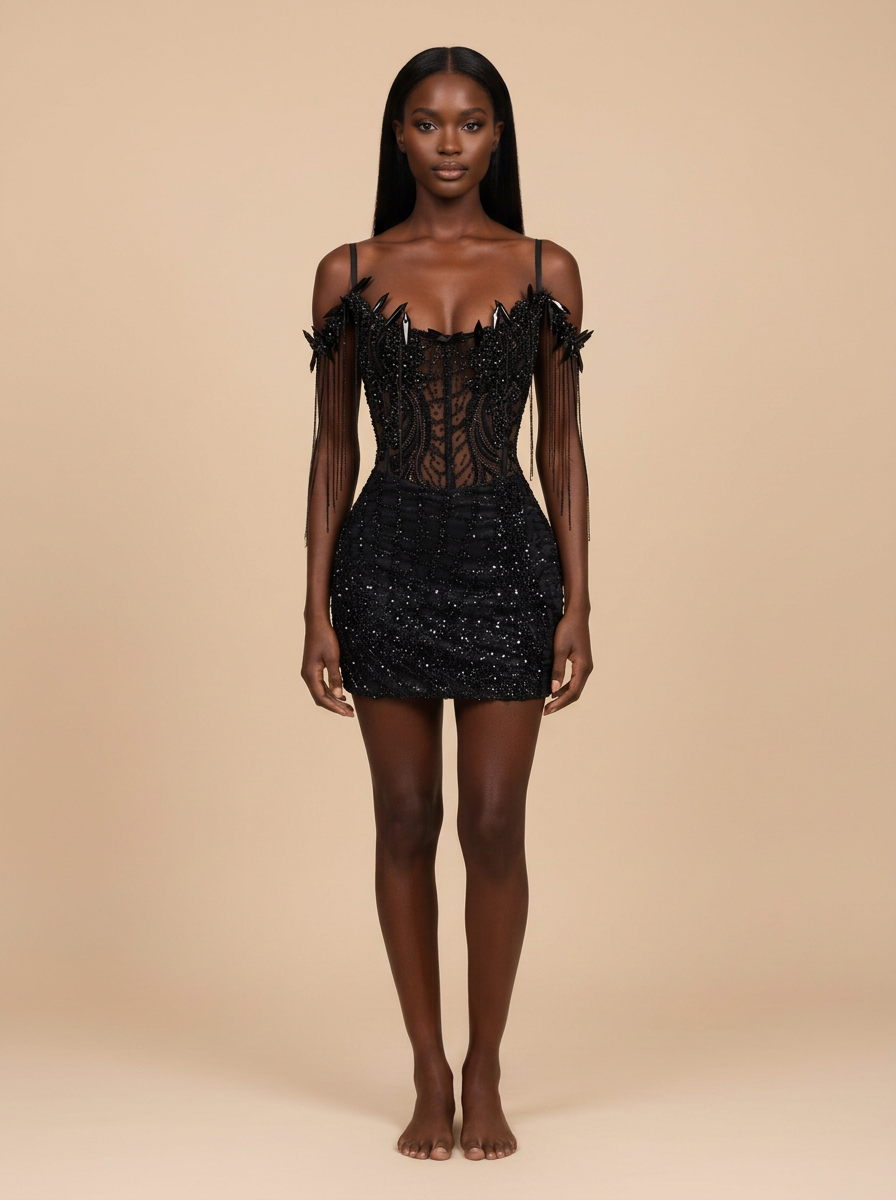 Noche · Vestido mini negro de corsé con cuentas y lentejuelas