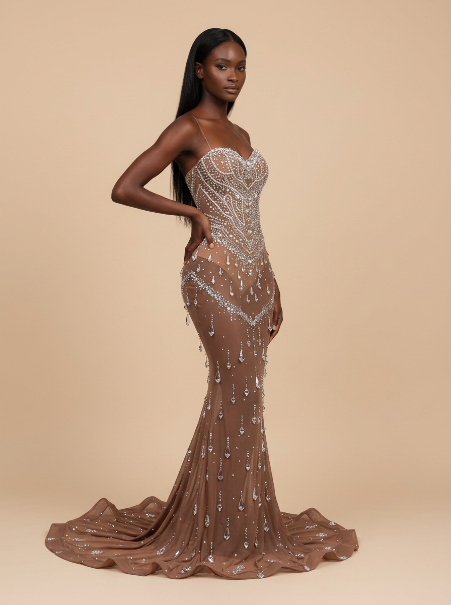 Canela · Vestido de noche sirena marrón de malla con pedrería y espalda descubierta