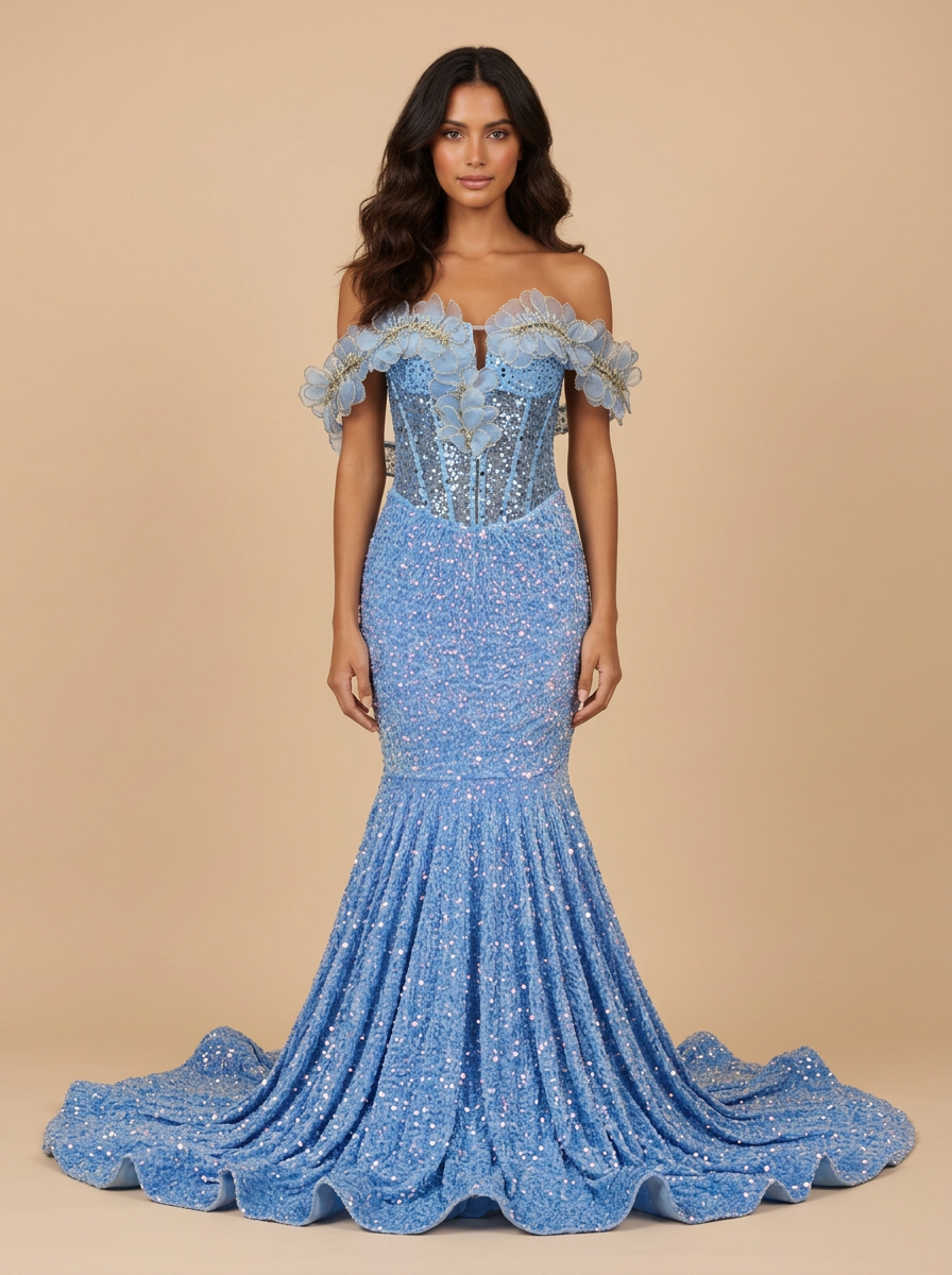 Marina · Vestido de fiesta sirena azul claro brillante de hombros descubiertos