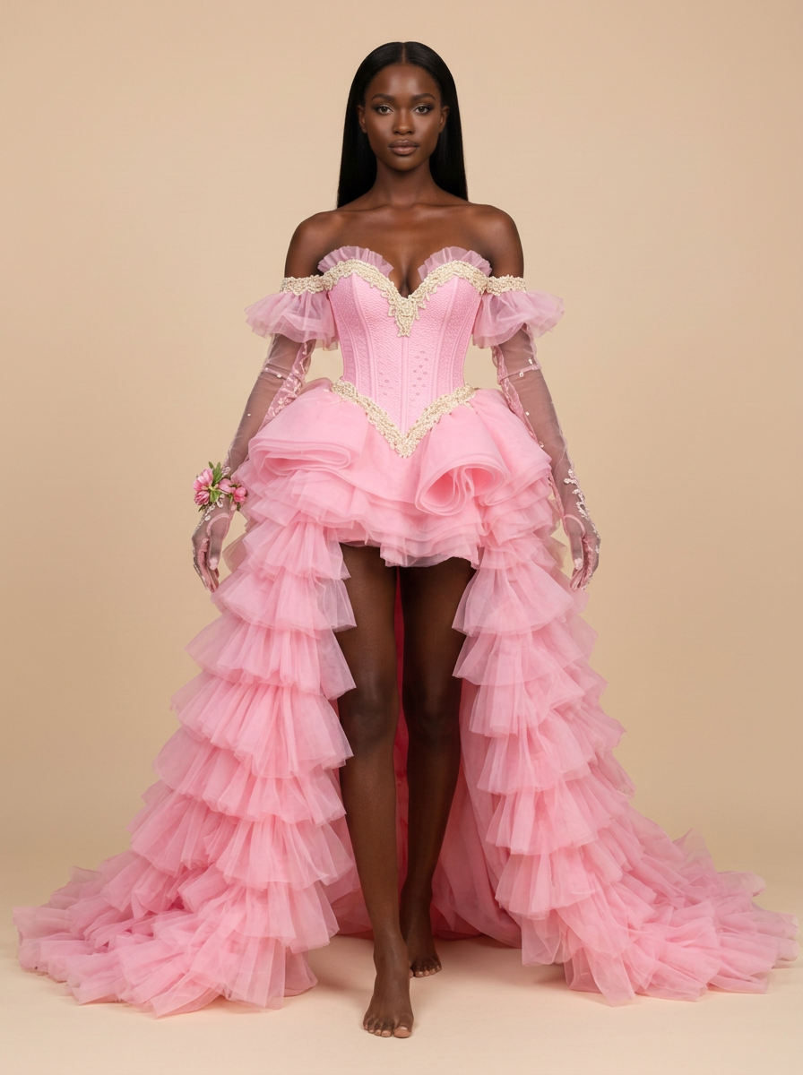 Bella · Vestido de noche rosa con corsé, hombros descubiertos y volantes