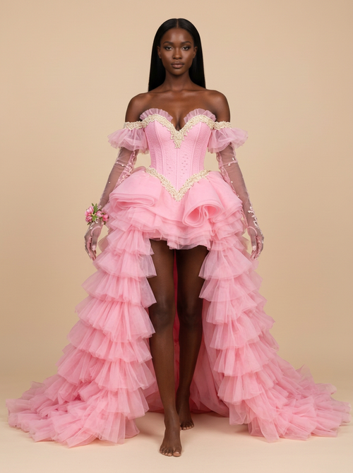 Bella · Vestido de noche rosa con corsé, hombros descubiertos y volantes