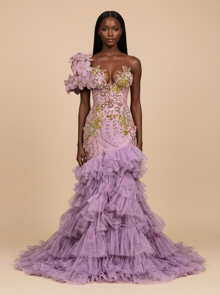 Lavanda · Vestido de fiesta sirena lavanda de un hombro con volantes de tul