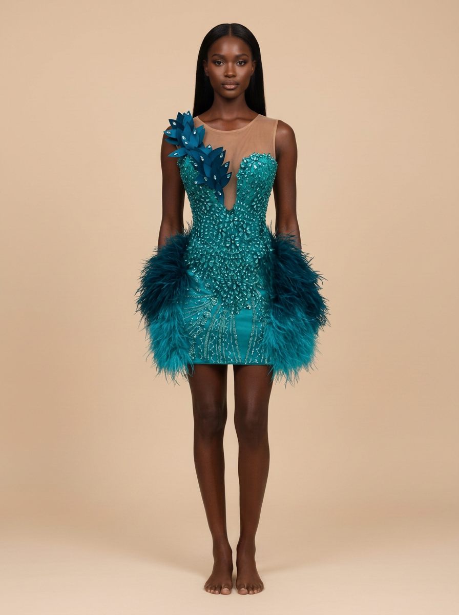 Turquesa – Vestido mini de plumas turquesa con pedrería y flores 3D – Lentejuelas Couture