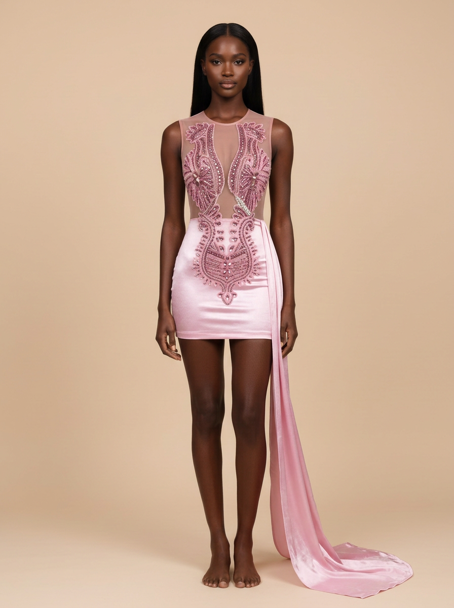 Destello · Vestido de cumpleaños rosa de malla brillante con corpiño y cola