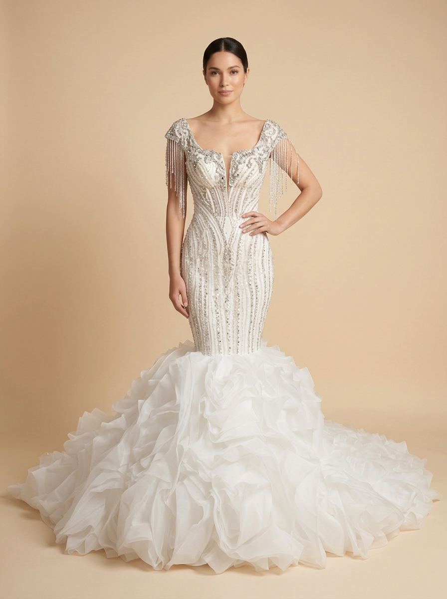 Ariadna · Vestido de novia sirena de perlas, pedrería y lentejuelas blancas