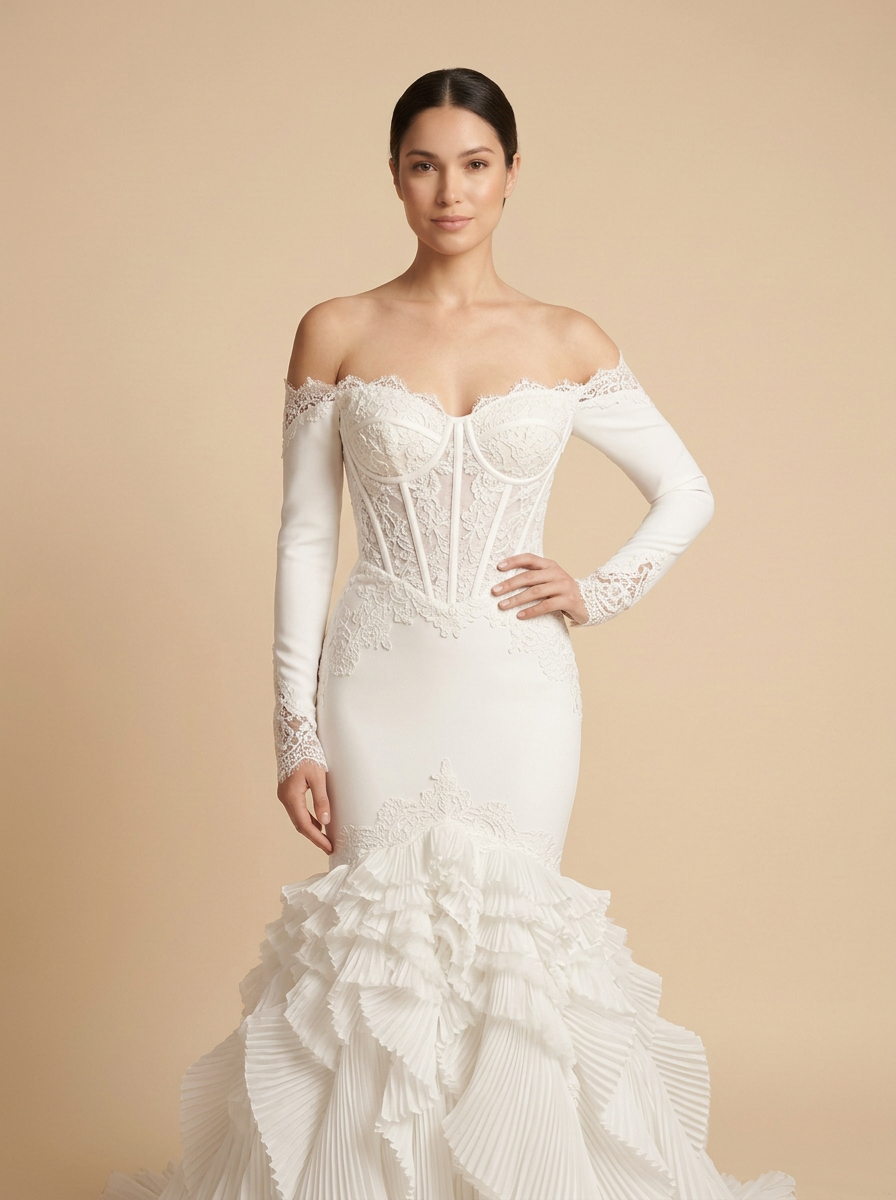 Martina · Vestido de novia vintage de manga larga con corsé de encaje y gasa plisada