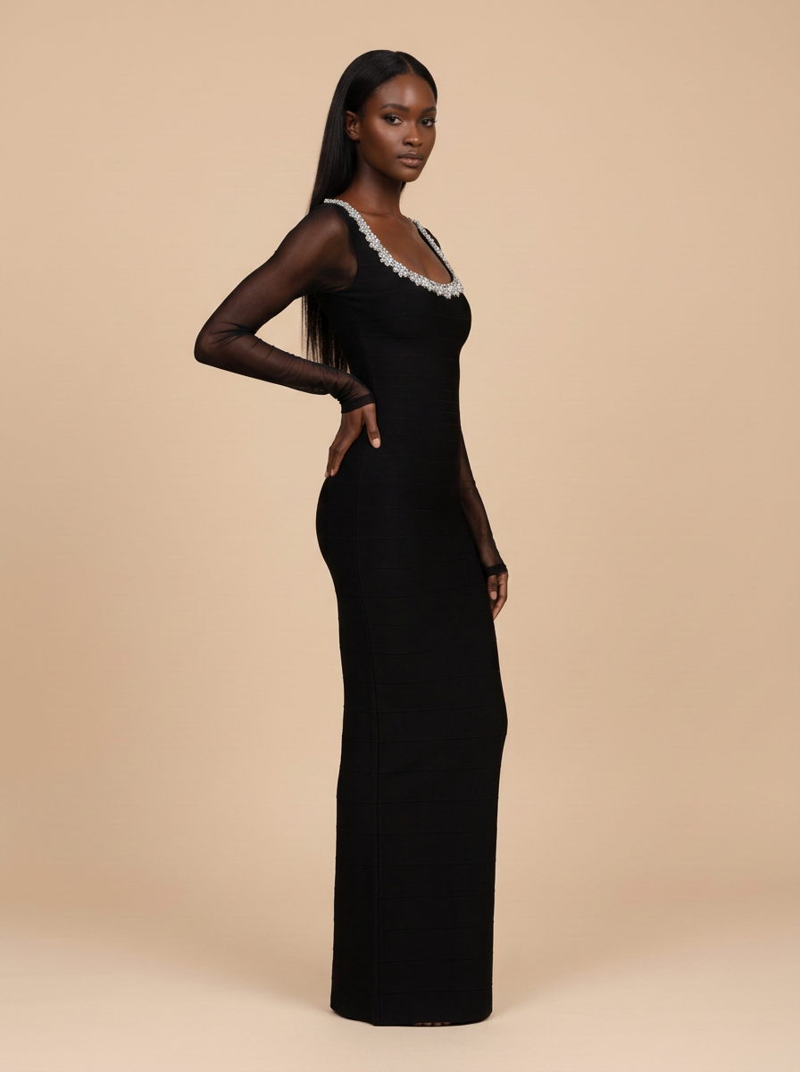 Nala · Vestido midi negro de manga larga con pedrería y flores