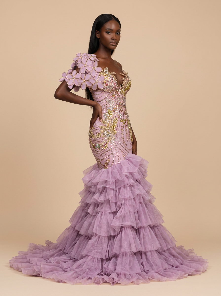 Lavanda · Vestido de fiesta sirena lavanda de un hombro con volantes de tul
