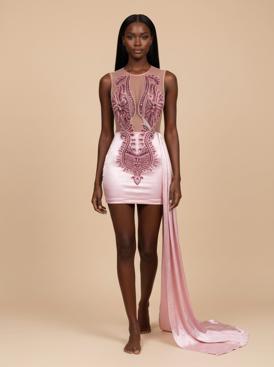 Destello · Vestido de cumpleaños rosa de malla brillante con corpiño y cola