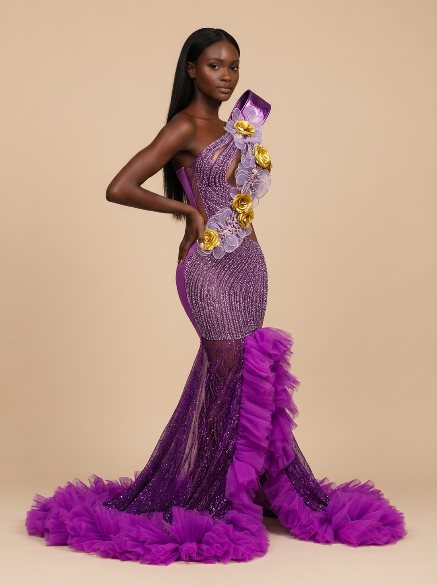 Violeta · Vestido de gala morado con flores y pedrería