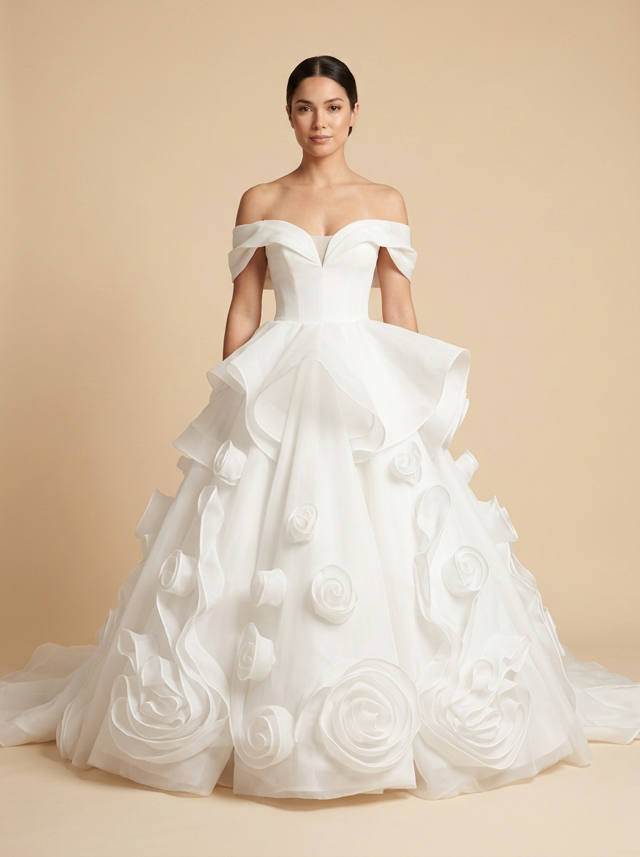 Olivia · Vestido de novia sirena de hombros descubiertos con volantes y rosas