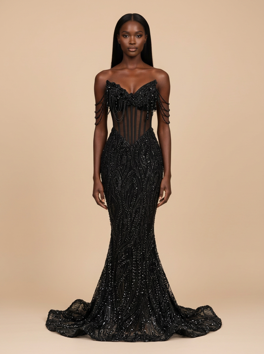 Medianoche · Vestido de gala sirena negro con corsé transparente y cadenas de pedrería