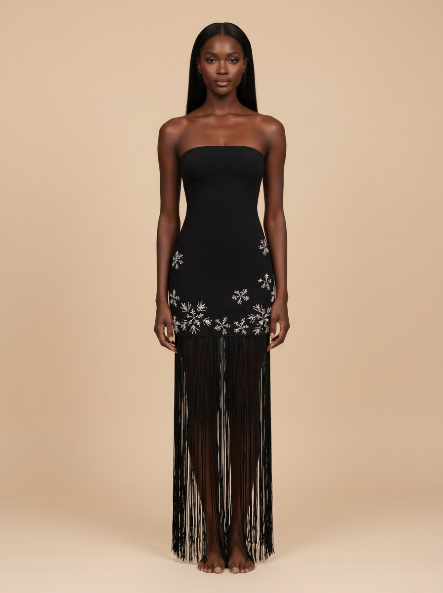 Nevada – Vestido midi negro con flecos de cristal efecto copo de nieve – Lentejuelas Couture
