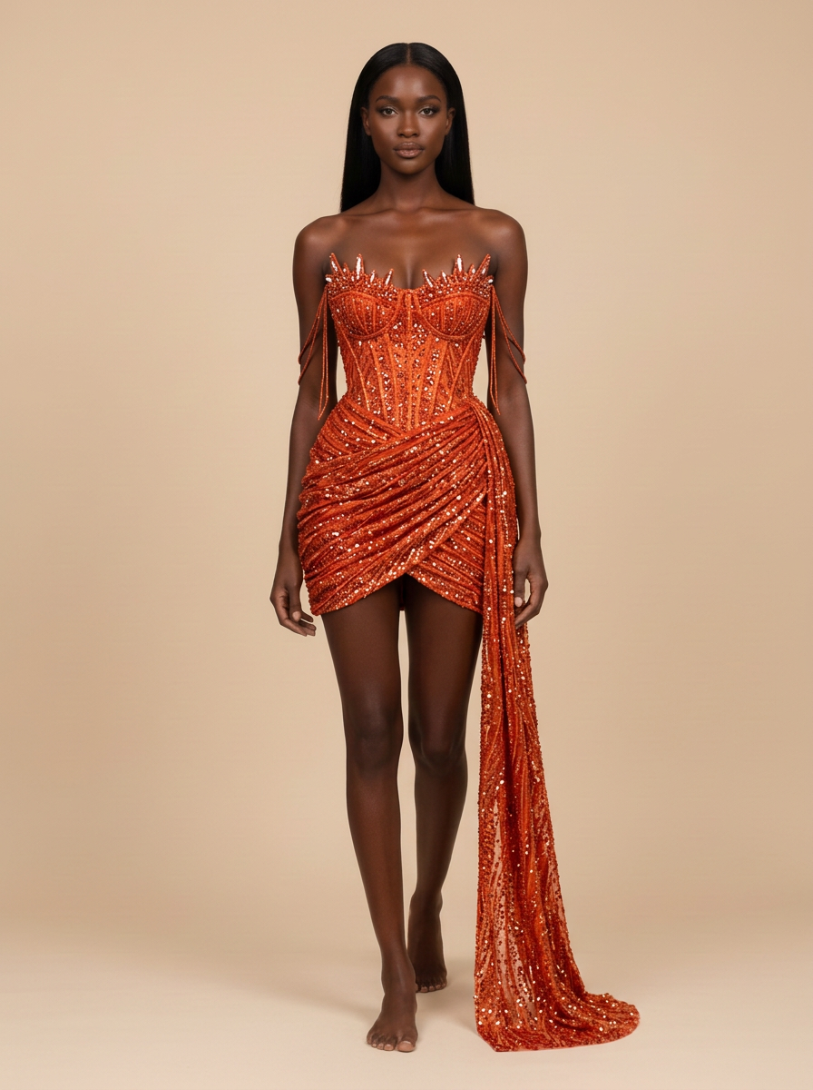 Ámbar · Vestido corto de pedrería naranja sin tirantes