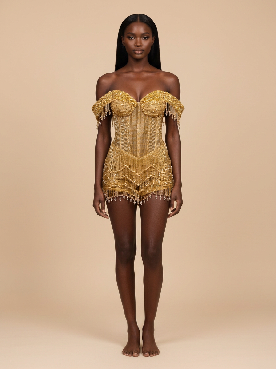 Charlotte – Vestido mini dorado de lentejuelas con corsé y flecos – Lentejuelas Couture