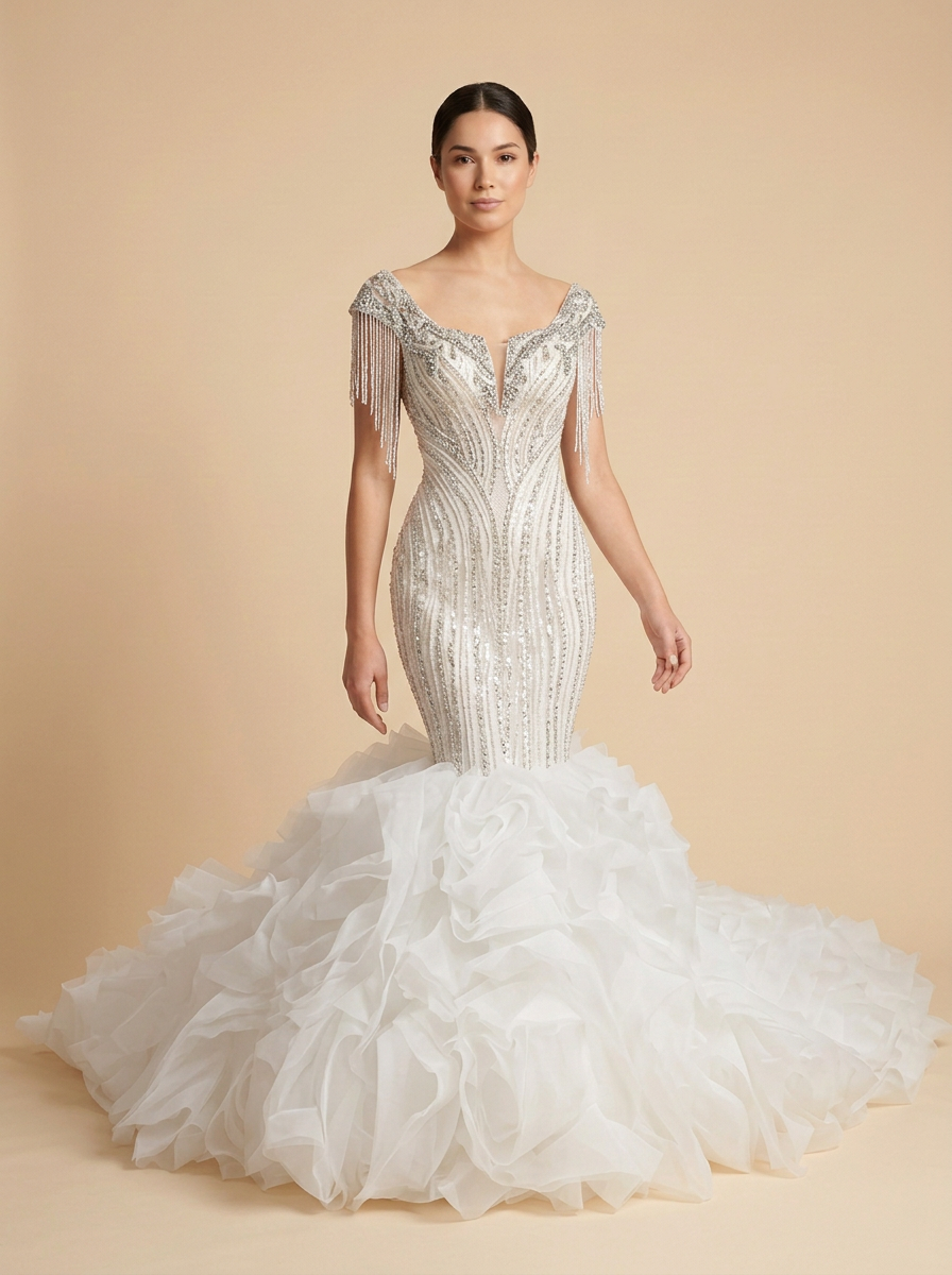 Ariadna · Vestido de novia sirena de perlas, pedrería y lentejuelas blancas