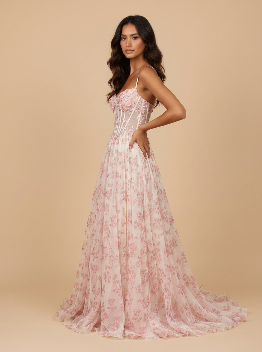 Flora · Vestido de fiesta rosa con corsé floral de gasa y espalda descubierta