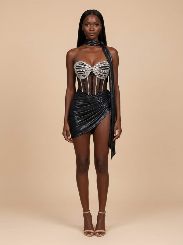 Vesper · Vestido mini con corsé de cristales, falda drapeada negra metalizada y pañuelo al cuello