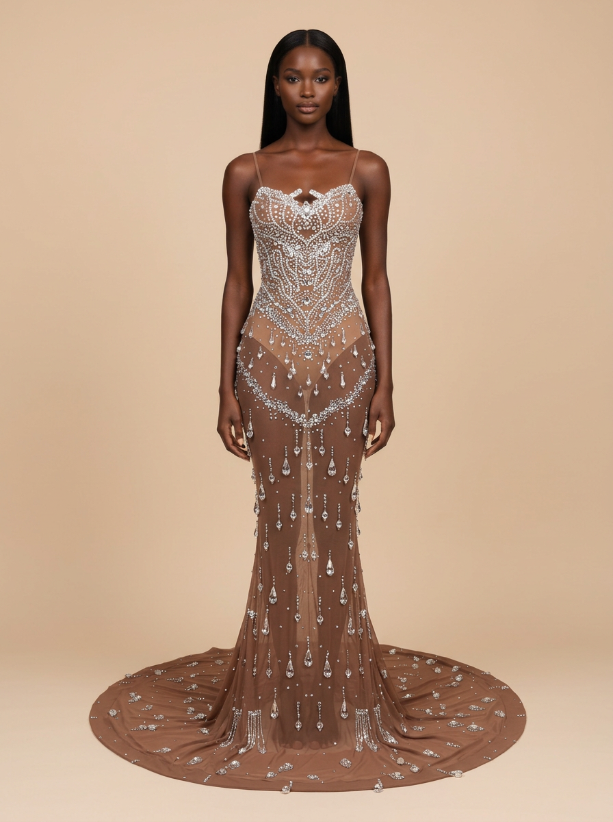 Canela – Vestido de noche sirena marrón de malla con pedrería y espalda descubierta – Lentejuelas Couture