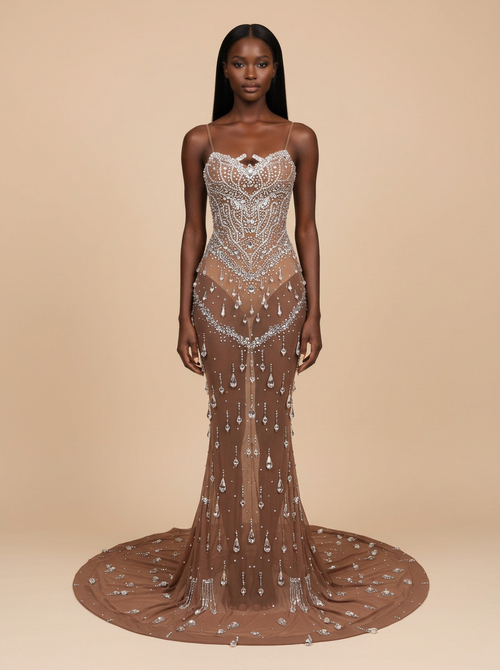 Canela – Vestido de noche sirena marrón de malla con pedrería y espalda descubierta – Lentejuelas Couture