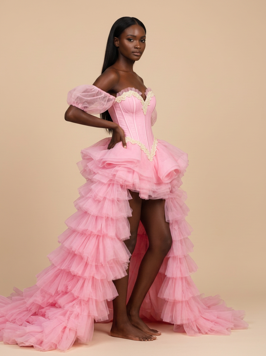 Bella · Vestido de noche rosa con corsé, hombros descubiertos y volantes