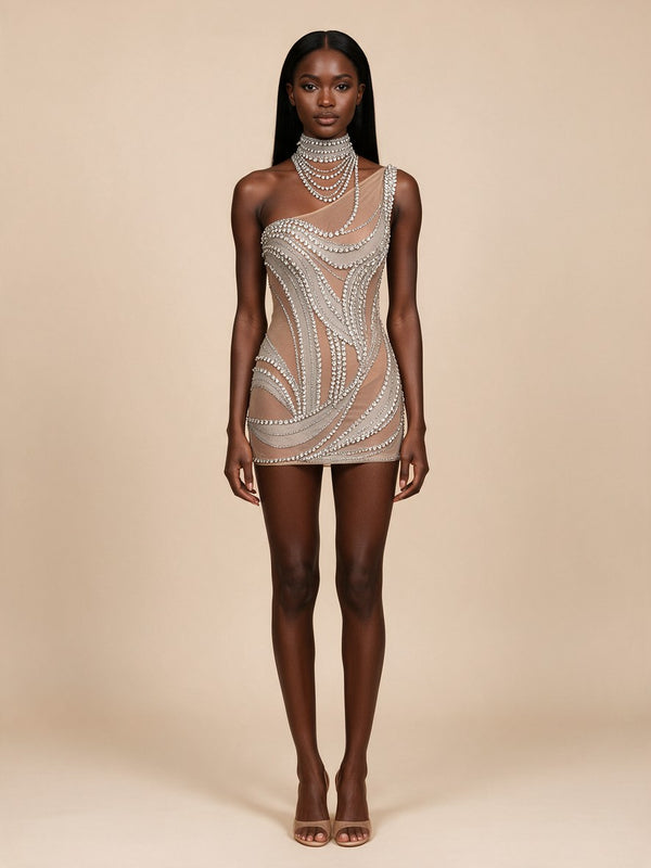 Atenea · Vestido mini de malla nude con espirales de cristal y collar de pedrería