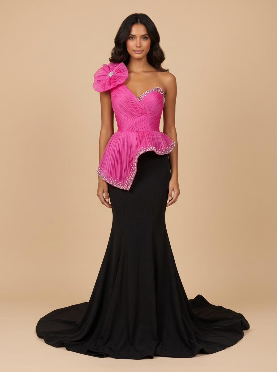 Scarlett · Vestido de gala sirena bicolor negro y fucsia de un hombro con flor gigante