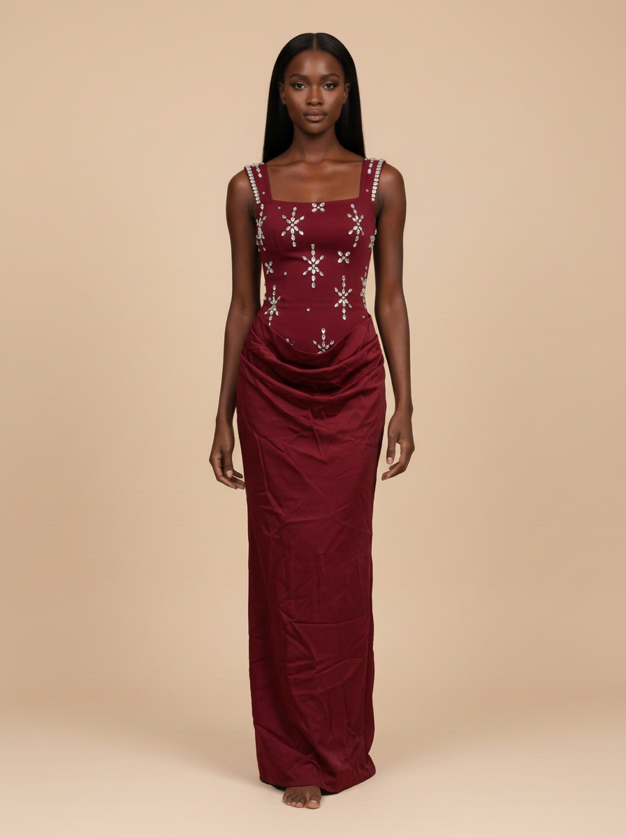 Vino · Vestido midi burdeos de satén con cuello cuadrado