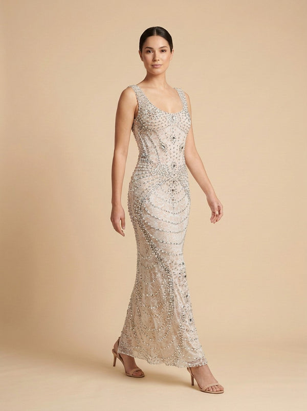 Calypso · Vestido midi de cristales plateados con tirantes anchos y escote cuadrado