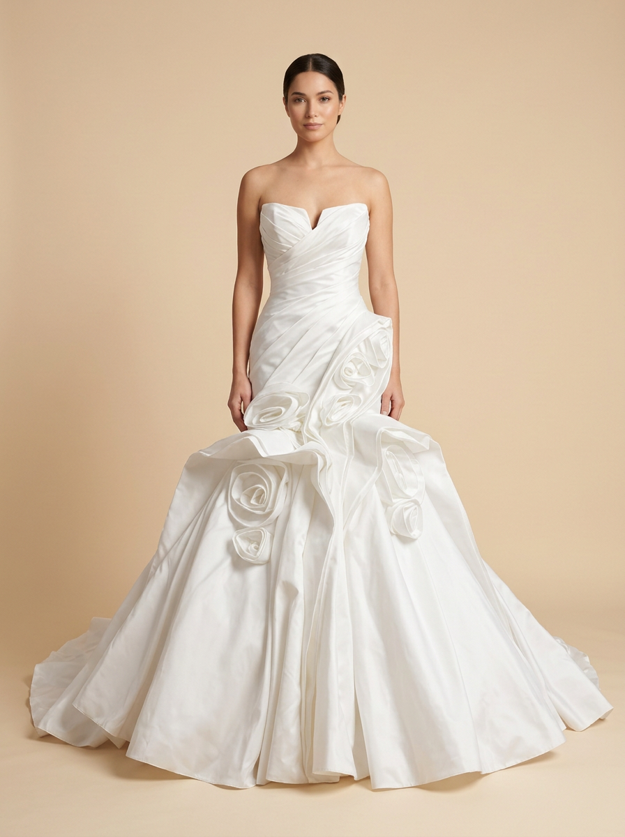 Inés · Vestido de novia sirena de satén sin tirantes con rosa 3D y cola floral