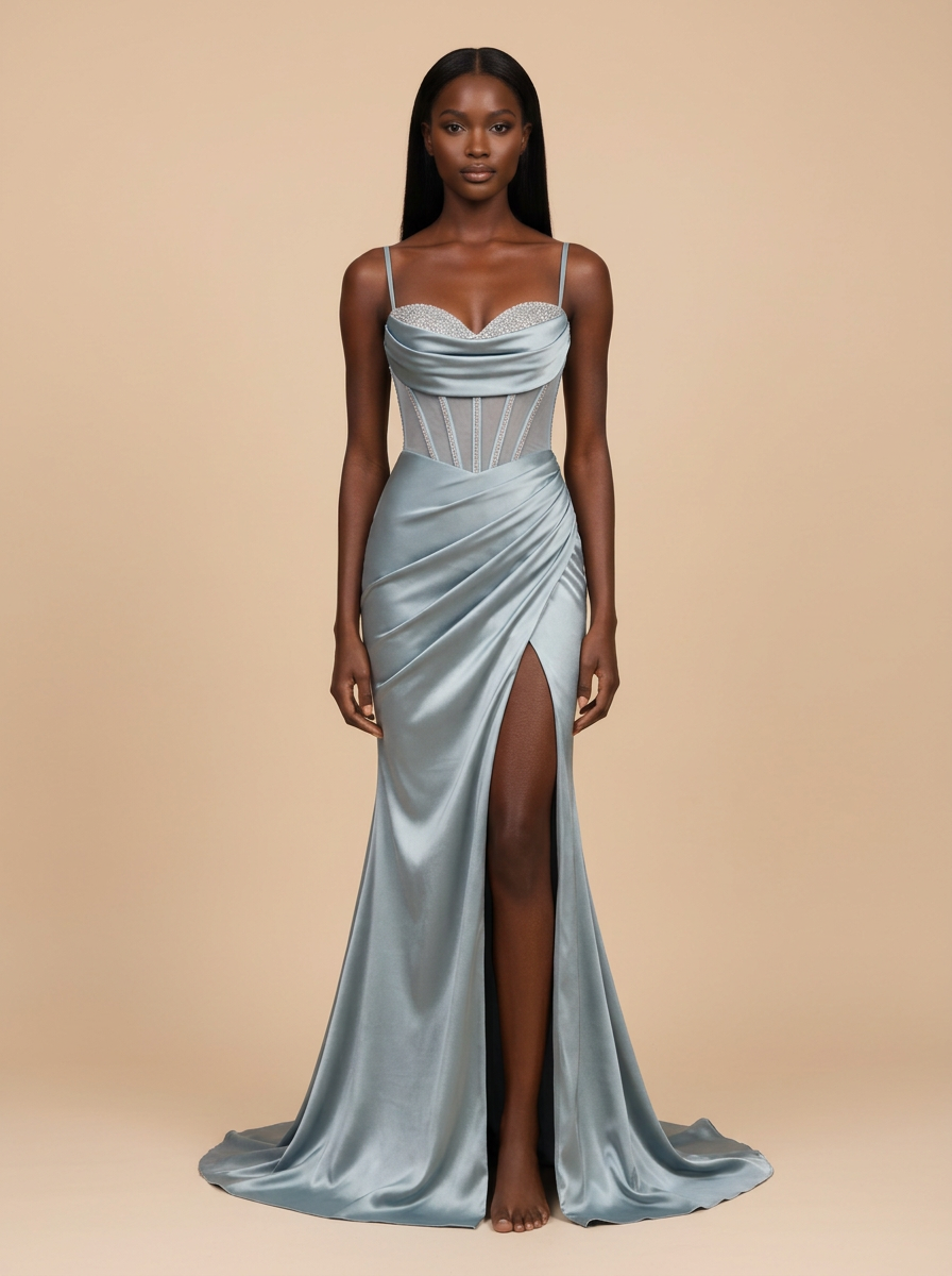 Celia · Vestido de noche sirena azul cielo brillante con escote en V y abertura