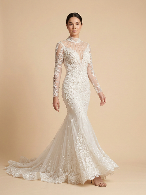 Bianca · Vestido de novia sirena de encaje con perlas, cuentas y flores bordadas