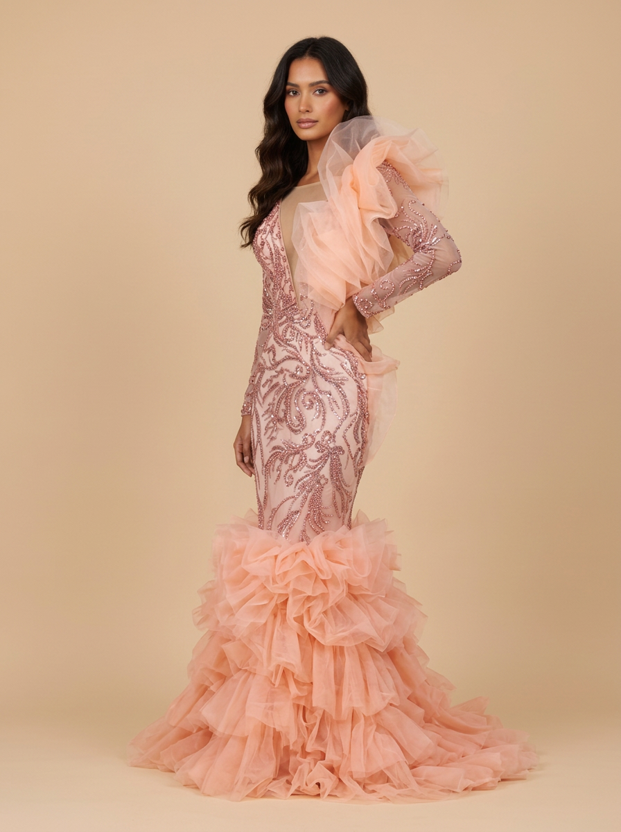 Valeria · Vestido de quinceañera sirena rosa melocotón con lentejuelas y pedrería