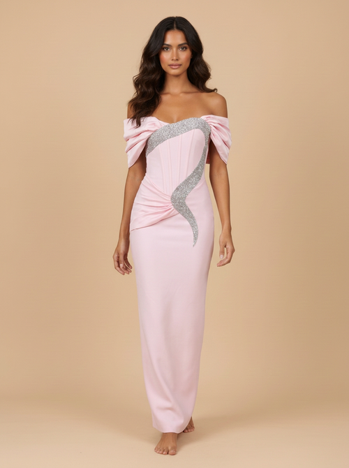 Alma · Vestido midi rosa de hombros descubiertos con corsé y pedrería