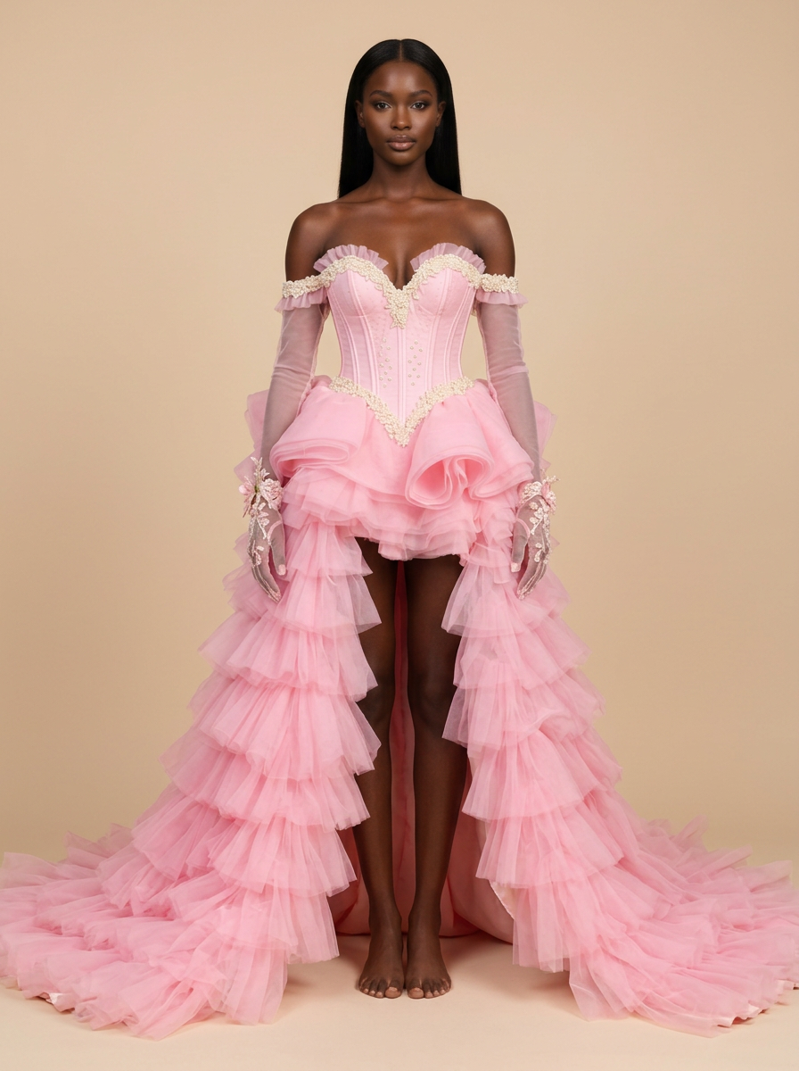 Bella – Vestido de noche rosa con corsé, hombros descubiertos y volantes – Lentejuelas Couture