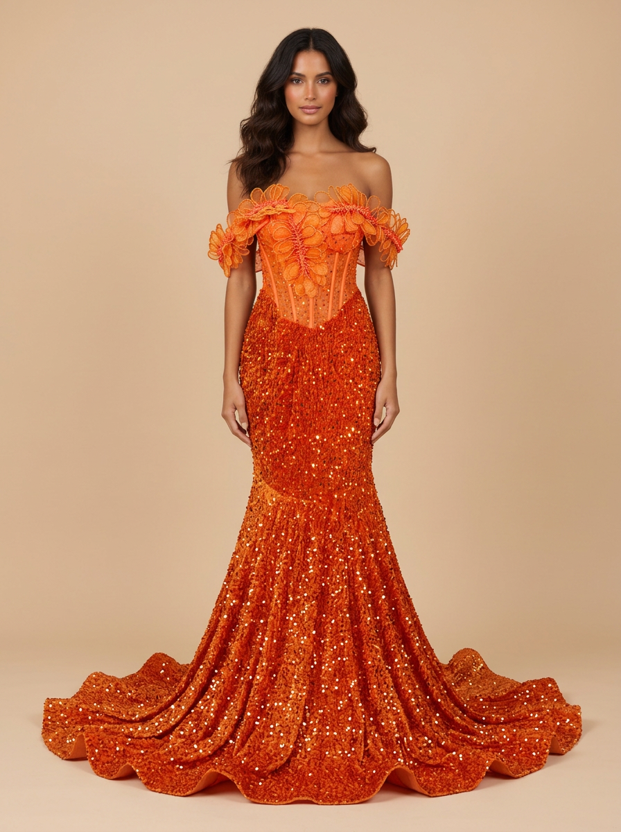 Valencia · Vestido de noche naranja de hombros descubiertos con flores