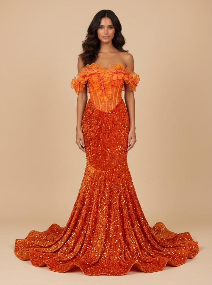 Valencia · Vestido de noche naranja de hombros descubiertos con flores
