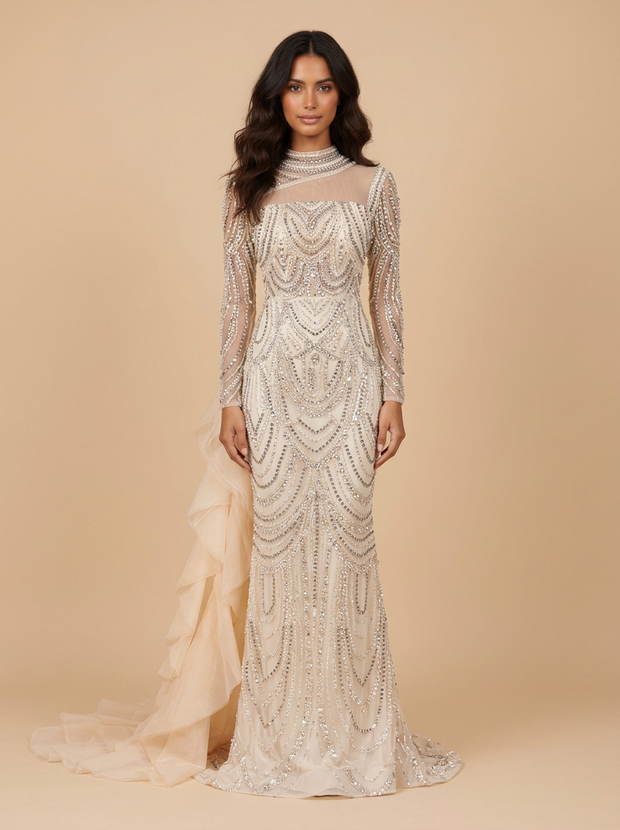 Catalina – Vestido de gala sirena de pedrería con cuello alto, manga larga y cola de tul – Lentejuelas Couture