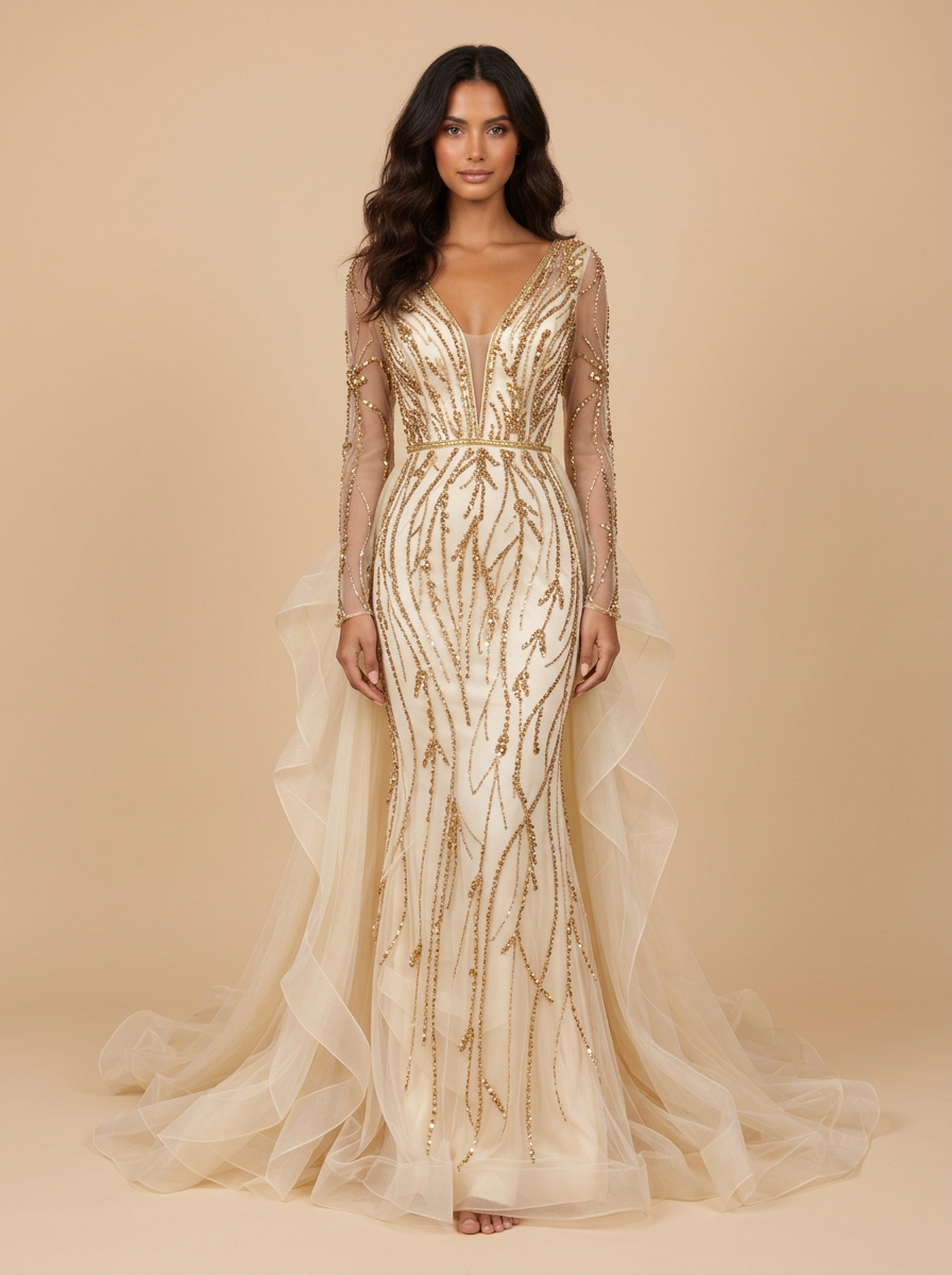Aitana – Vestido de noche sirena champán de manga larga con escote en V y cuentas – Lentejuelas Couture